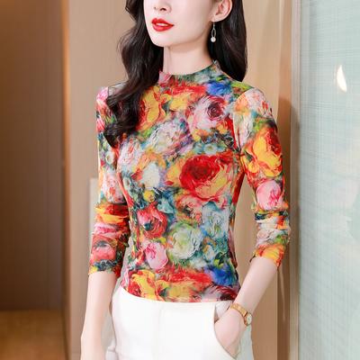 T-shirt in rete a stampa floreale da donna autunnale elasticizzata slim fit top manica lunga maglione