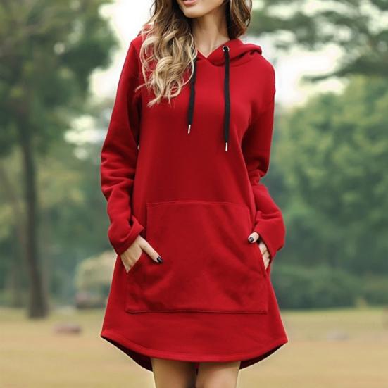 Casual Women Autumn Winter Long Sleeve Pocket Drawstring Loose Hoodie Mini Dress