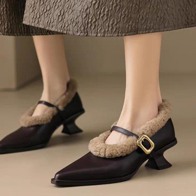 Fashion Elegant Metal Buckle Mary Janes Woman Chic  Brand Design Fur Low Heel Dress Shoes Ladies Winter Warm Plush Belt Pump Zapatos