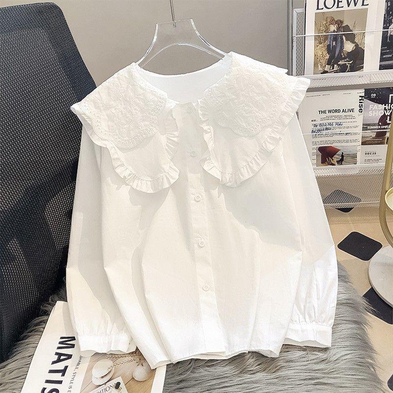Women's Lace Peter Pan Collar White Blouse, Korean Style, Long Sleeve, Autumn/Spring 2023