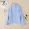 ZANZEA Women Casual High Neck Loose Long Sleeve Stripe Blouse