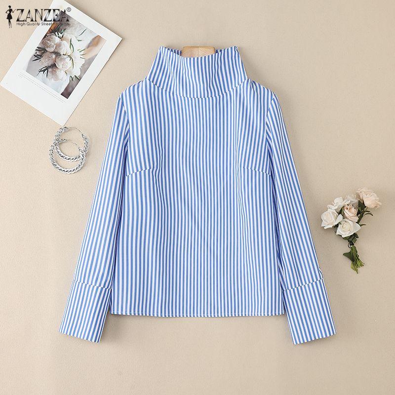 ZANZEA Women Casual High Neck Loose Long Sleeve Stripe Blouse
