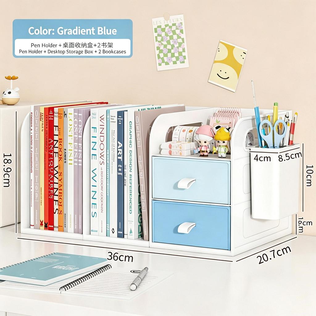 Desktop Bookshelf Organizer with Drawers and Pen Holder Desk Storage Caddy for Office Supplies Books Stationery Home Office School Dorm Desk Organizer