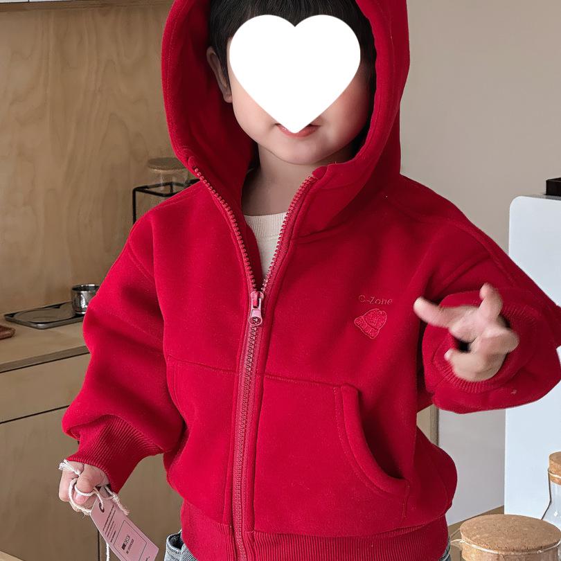 

2025 Осень/Зима Корейский стиль Флисовая толстовка с капюшоном красного цвета для мальчиков – Толстый и модный теплый топ 80
