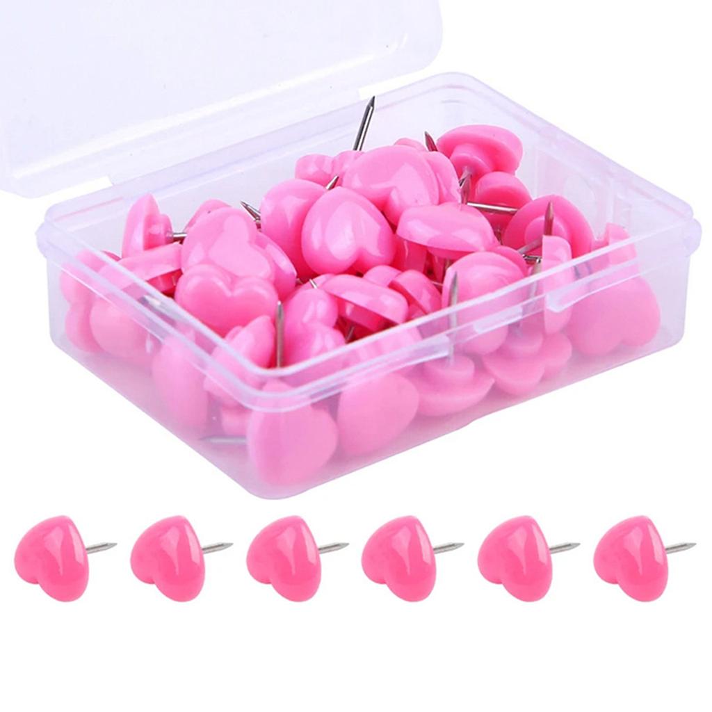 100 Stück herzförmige Reißzwecken mit Etui für Büro-Pinnwände. Bunte Reißzwecken. Plastik-Karten-Reißzwecken für Korktafeln.