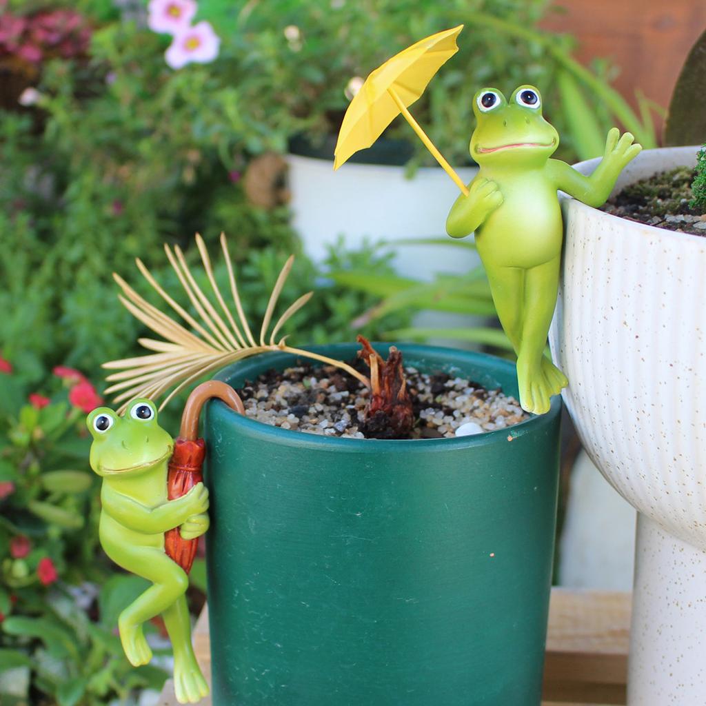 2Psc Flower Pot Edge Hanging Decoration Cute Umbrella Frog Figurine Outdoor Garden Gardening Bonsai Cartoon Animal Ornaments