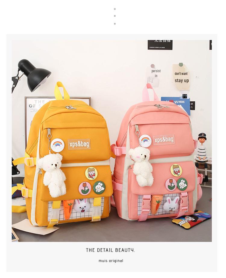 Set di Zaini in Tela da 4-5 Pezzi per Studenti: Design Carino con Carota e Coniglio, Perfetto per Bambine e Bambini delle Scuole Elementari e Medie