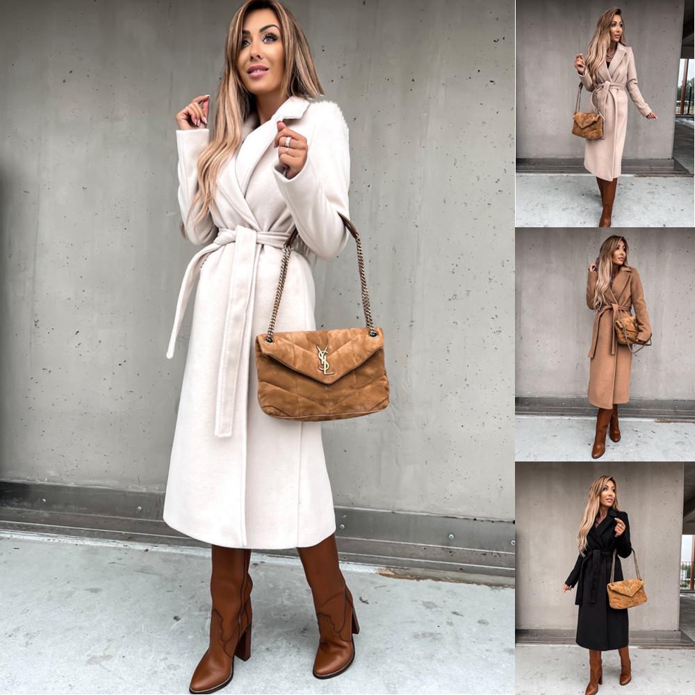 Women's Spring/Autumn Simple V-neck Wool Long Coat with Tie
