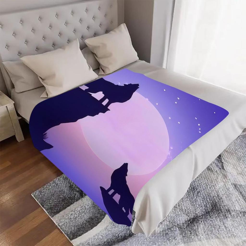 1pc Wolf and Moon Digital Printed Design Blanket - All-Season Soft Flannel Throw with Cozy Polyester Fabric, Contemporary Geomet