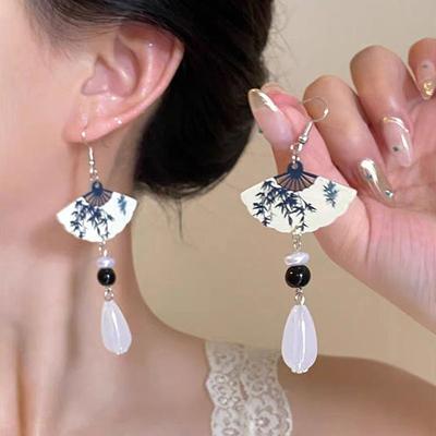 Çin Mürekkebi Yelpaze Kelebek Kolye Küpeler Kadınlar İçin Yaratıcı Uzun Püsküllü Ulusal Küpeler Takı Hediye