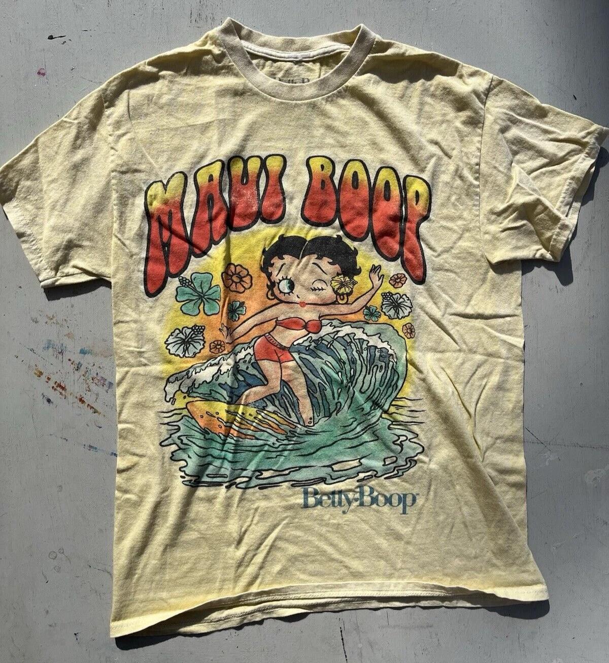 Women s Betty Boop T-Shirt Yellow Maui Boop S/M Tropical Cartoon Icon Pop Art M