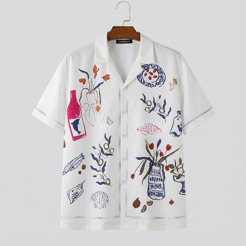 INCERUN Summer Men Lapel Neck Short Sleeve Buttons Floral Print Casual Shirts Tops 2XL белый