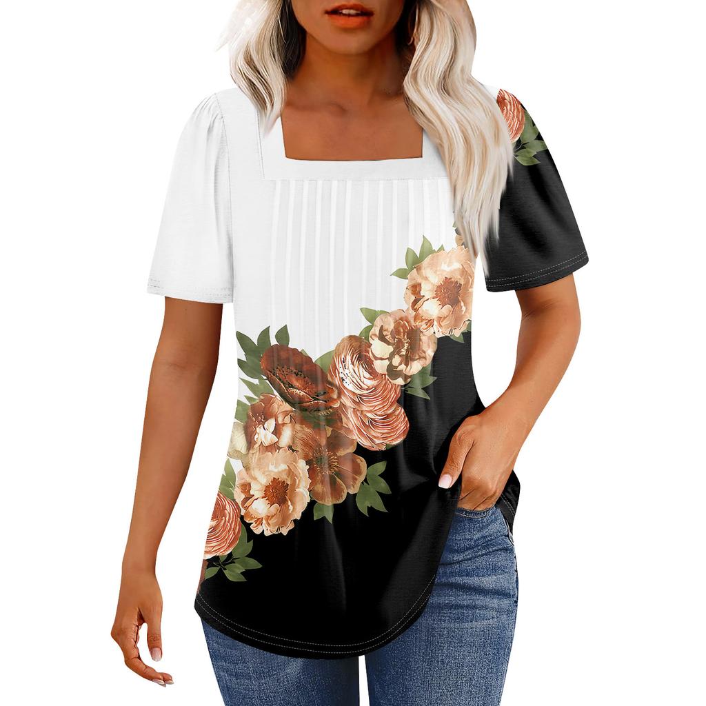 Tricouri pentru femei, plisate, cu guler pătrat, elegante, casual, bluze, imprimare, mânecă scurtă, vară, topuri, croială lejeră