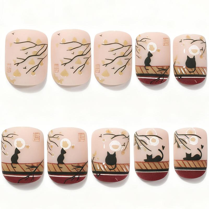 24 nail art autumn and winter style cute black cat branches short square wearing nail pads