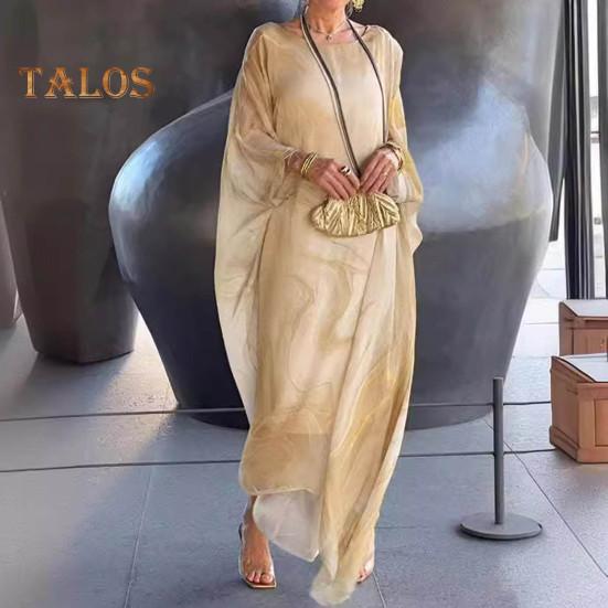 Rochie maxi pentru femei, fluidă, cu gât rotund, mâneci liliac neregulate, cu texturi de marmură, imprimate supradimensionate, până la gleznă, ocazională.