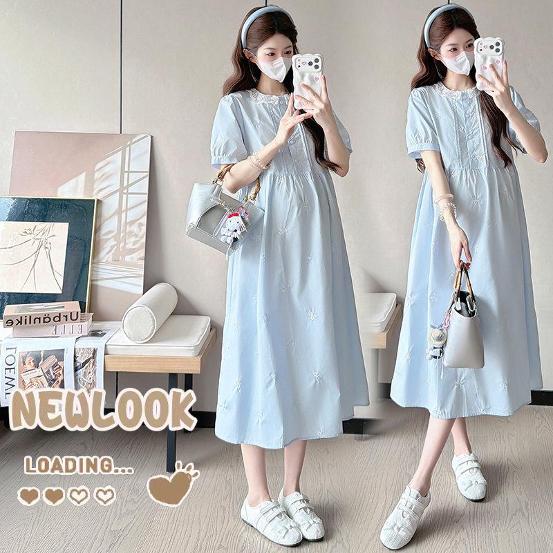 2026 Summer Collection: Sweet Bow Embroidered Loose Cotton Maternity Dress, Short-Sleeved