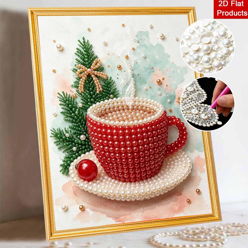 Frameless Pearl Painting Kit Christmas Hot Drink Aesthetic Wall Art DIY Sparkling Bead Canvas Room Decor Creative Craft