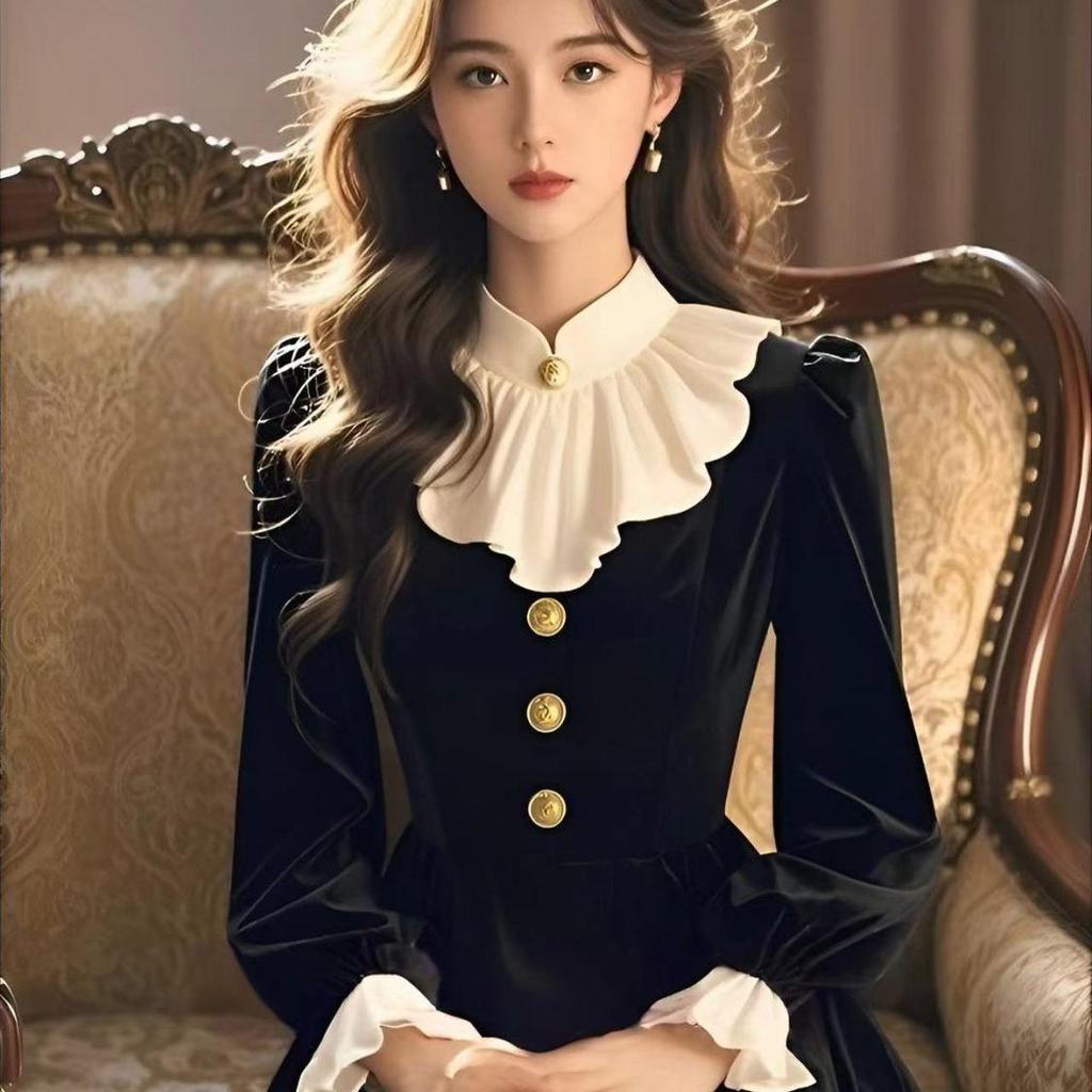 Elegant Retro Black Velvet Ruffle Dress - Autumn/Winter