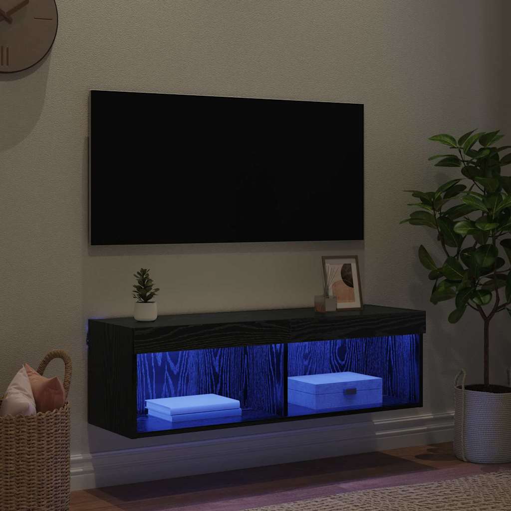 Wall Mounted TV Cabinet with LED Lighting Black Oak Effect 100 x 30 x 30 cm