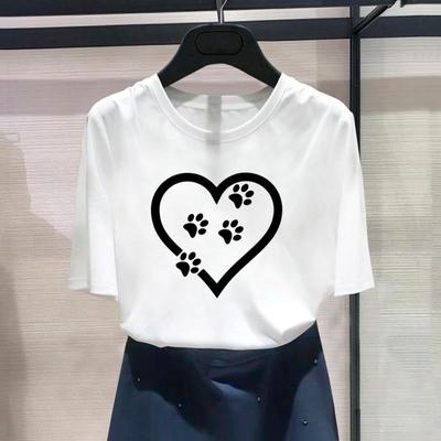 (Asian Size) Fashion Print Female Dog Cat Paw Love Heart Trend Casual Women's Top Casual T Clothing Graphic Tee Short Sleeve T-shirt