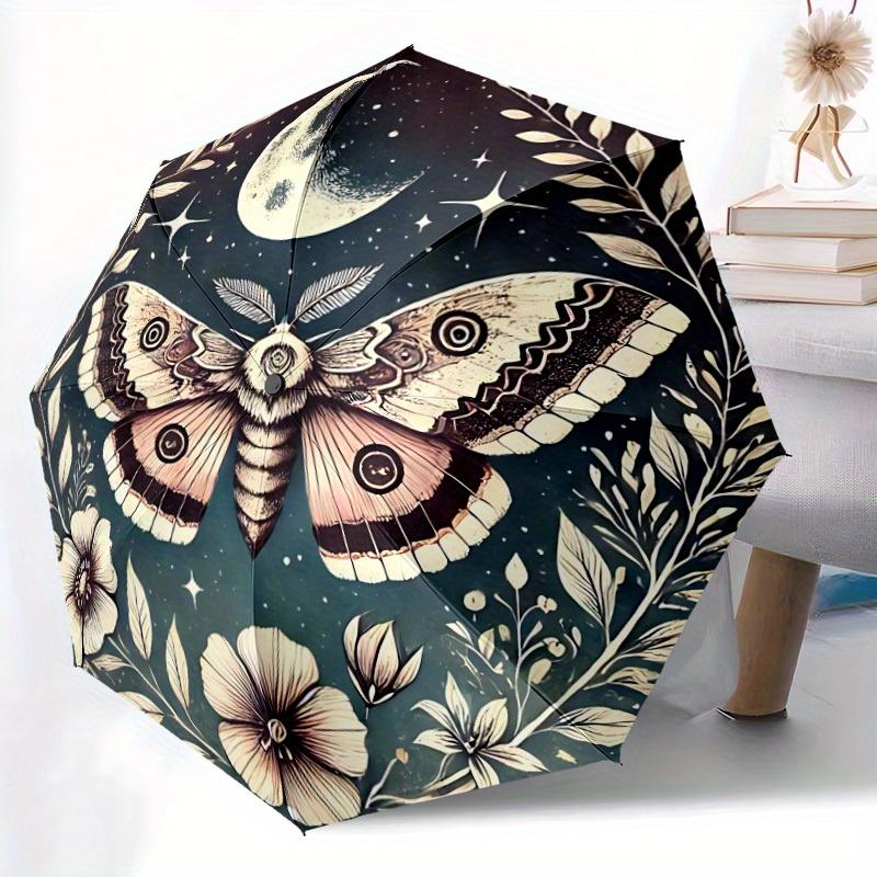 1pc Moonlit Moth Automatic Open/Close Umbrella with Windproof, Functional Design, 8-Rib Sturdy Canopy