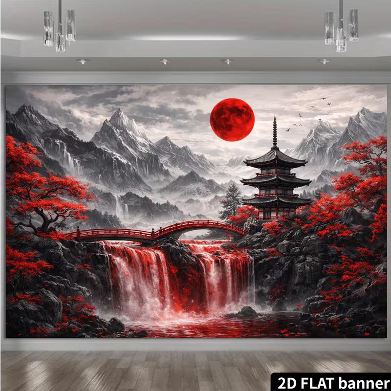 2D Red Maple Blood Moon Japanese Temple Tapestry for Asian Themed Home Decor