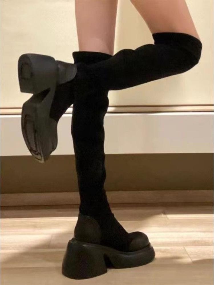 Fashion Elastic Black Round Toe Thigh High Boots for Women Spring Autumn Hot Work Gyaru Quality On Offer Above Over The Knee Shoes Woman