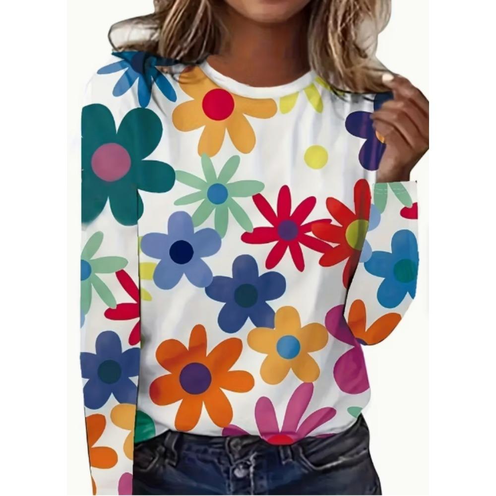 Autumn Women's Fashion Color Blocked Printed Long Sleeved T-shirt V-neck Loose Casual T-shirt Top Women's Clothing