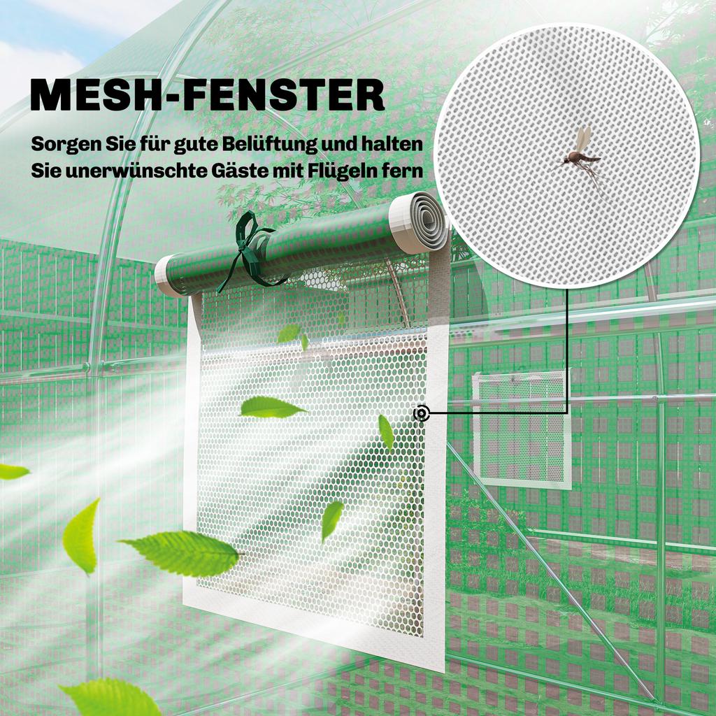 2 x 3 m Walk-in Polytunnel Greenhouse with Hinged Door and 6 Roll Up Mesh Windows, Garden Tunnel Warm House Tent, Green