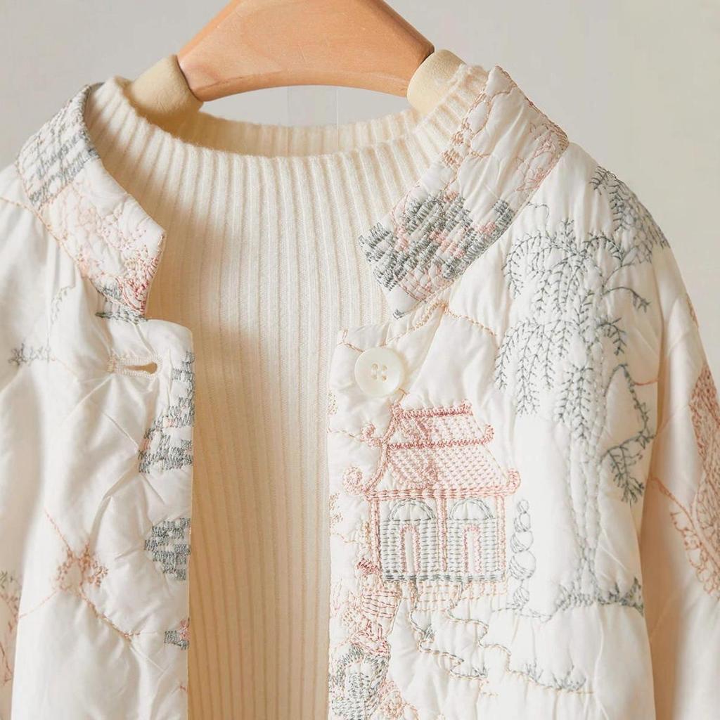 Autumn/winter Women Floral Embroidery Single Breasted Vintage Parker Casual Loose O-neck Long Sleeves Coats