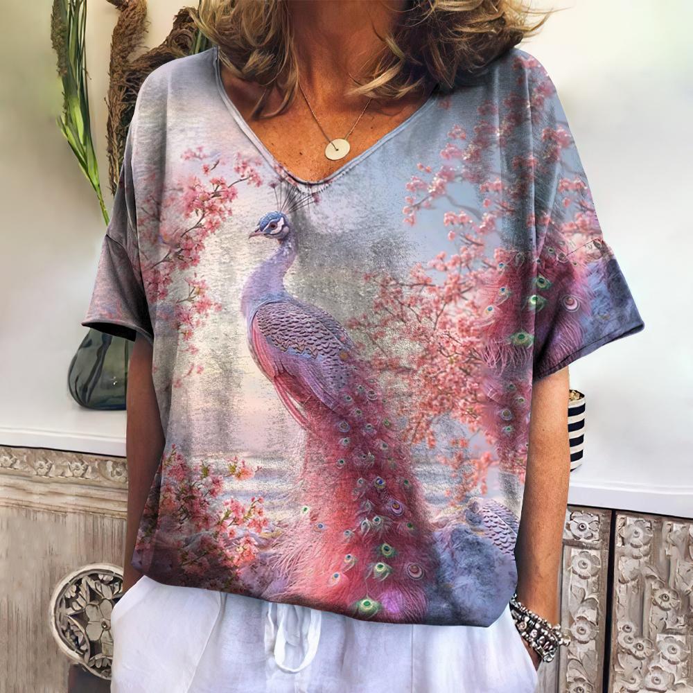 Summer Women's Clothing T-Shirt V-Neck Short Sleeve Oversize Tshirts Animals Casual Tops Fashions Woman Pullover 2024 Streetwear