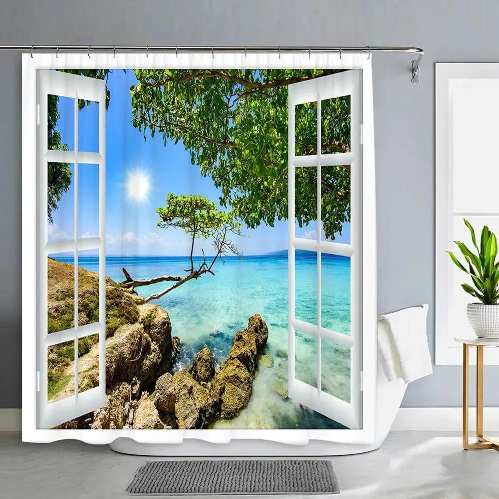 1PC Green Tropical Plants Shower Curtains for Bathroom Polyester Seaworld Shower Curtain Printing Curtain Beach Shower Curtains