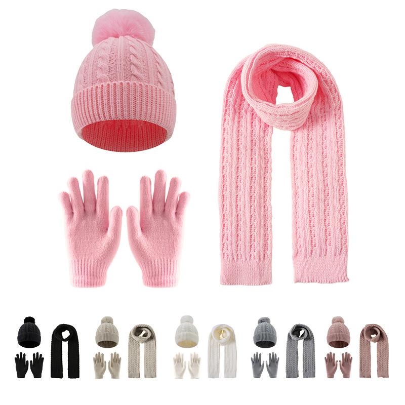 3-12Y Children's Warm Knitted Hat Scarf Gloves Set Thickened Lining Knit Beanie Warm Neck Scarves Windproof Outdoor Protecting