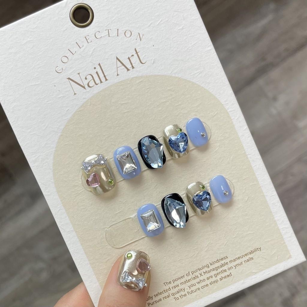 100% HANDMADE Short Round Fake Nail Set With Glue Star Ice Cream Blue&Yellow Cute gentle summer spring sea ocean diamond press on Nails Reusable