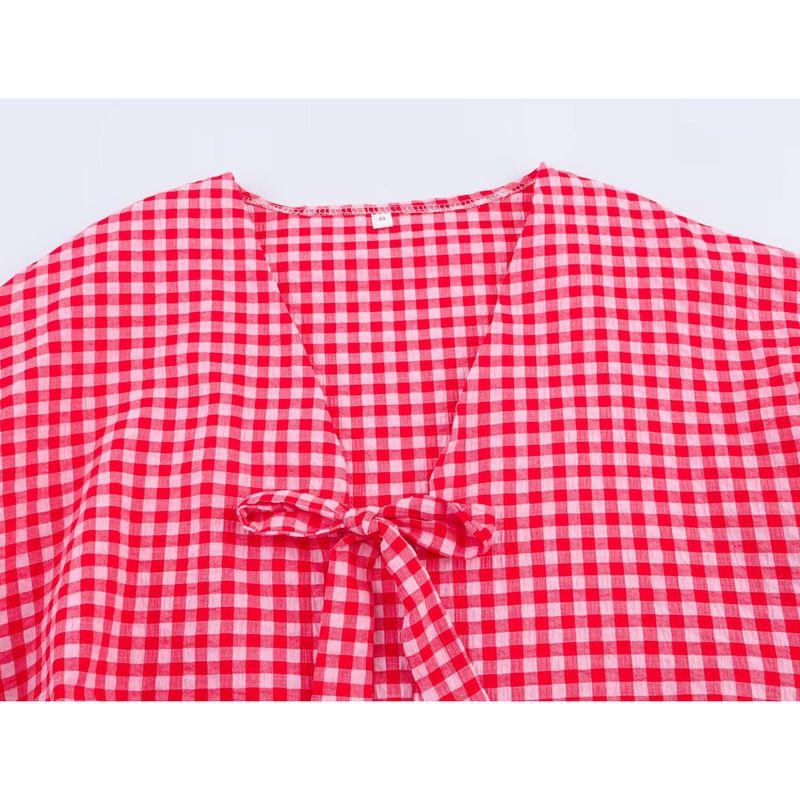 Kaslead New Women Clothes Western Style Fashion Simple Love Heart Plaid Embroidery Lace-up Shirts