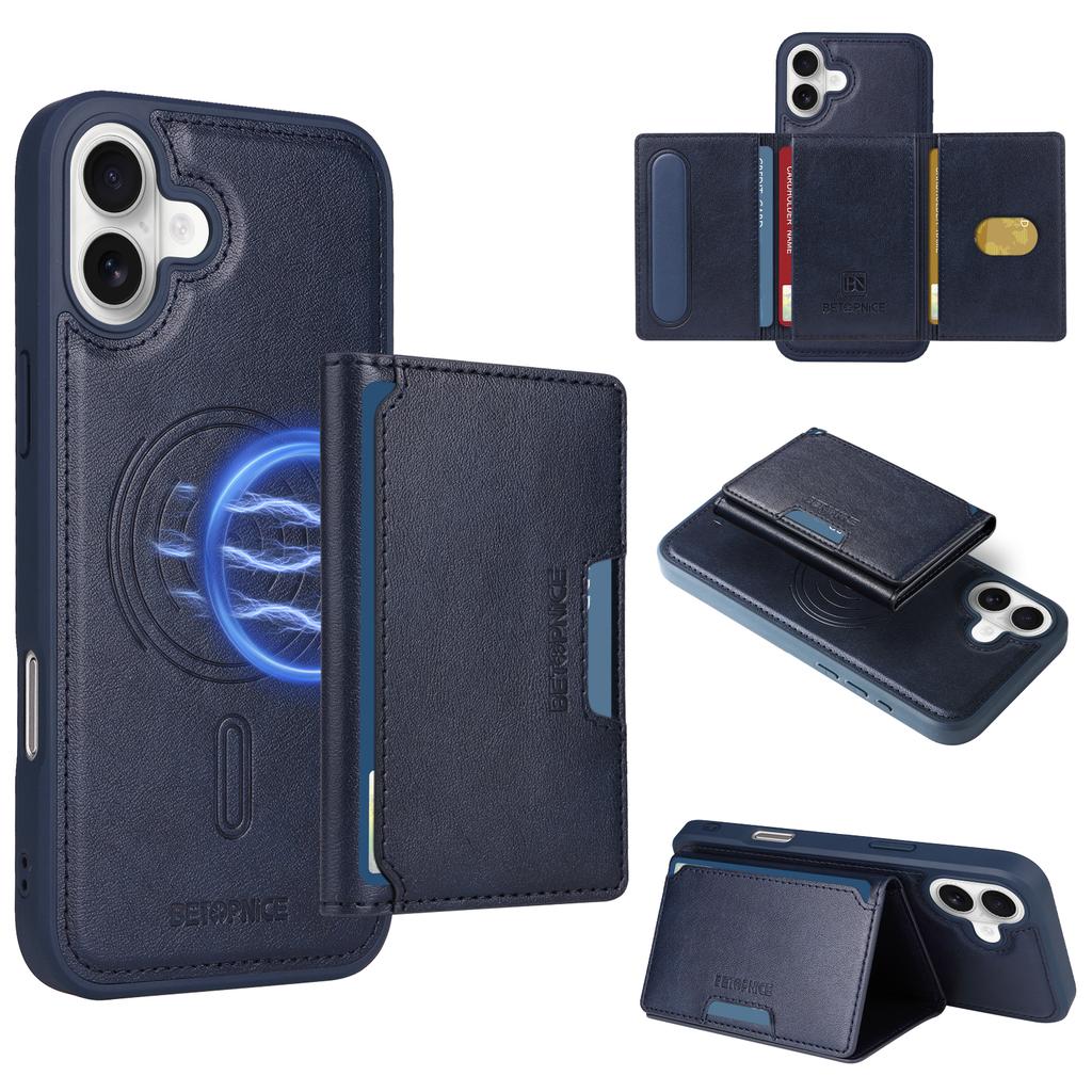 For iPhone 16 Plus Magnetic Case BETOPNICE Leather Phone Cover Kickstand with Detachable Card Bag