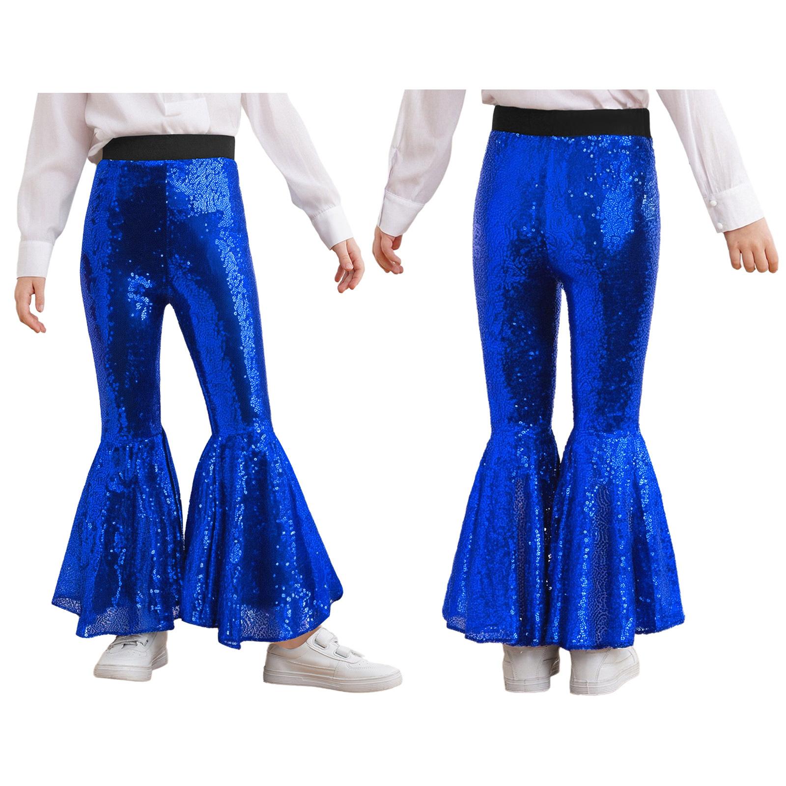 

Complete Girls Stage Performance Pants: Glittery Sequin Bell-Bottoms with Elastic Waistband for Dance & Show 7-8 Years синій