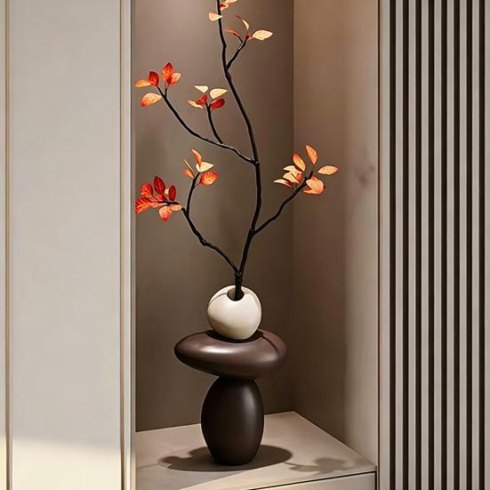 Stacked Rocks Shaped Vase with Artificial Branch, Resin Small Decorative Vase, Boho Modern Bud Vase for Living Room, Dining Table, Shelves