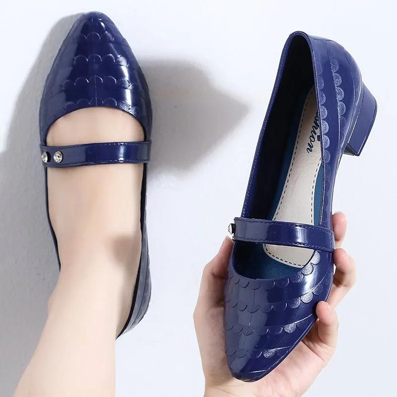 WTEMPO Women Large Size Solid Color Casual Single Shoes PVC Waterproof Non-slip Soft Low Thick Heel Work Shoes