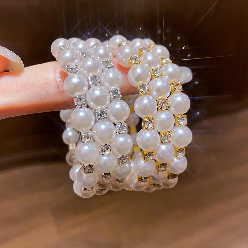 Retro French-Style Diamond and Pearl Open Bangle Bracelet