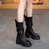 Small man increases height and looks thin, long boots, belt buckle, thick-soled Martin boots, autumn and winter fashion round head medium boots
