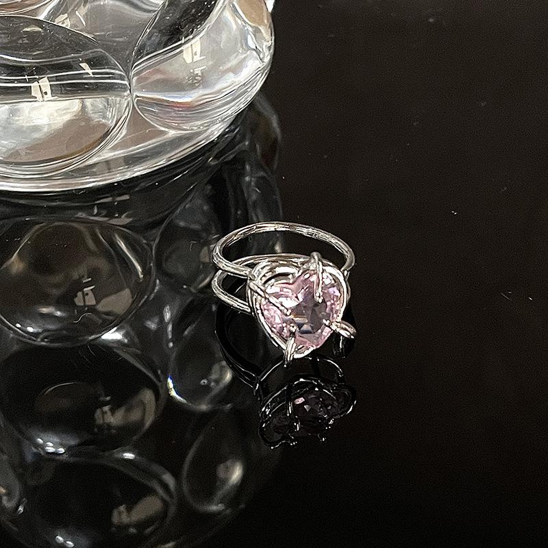 

Cold Wind Diamond-Set Pink Zircon French Irregular Texture Folds Advanced Sense Love Open Ring Women Adjustable opening