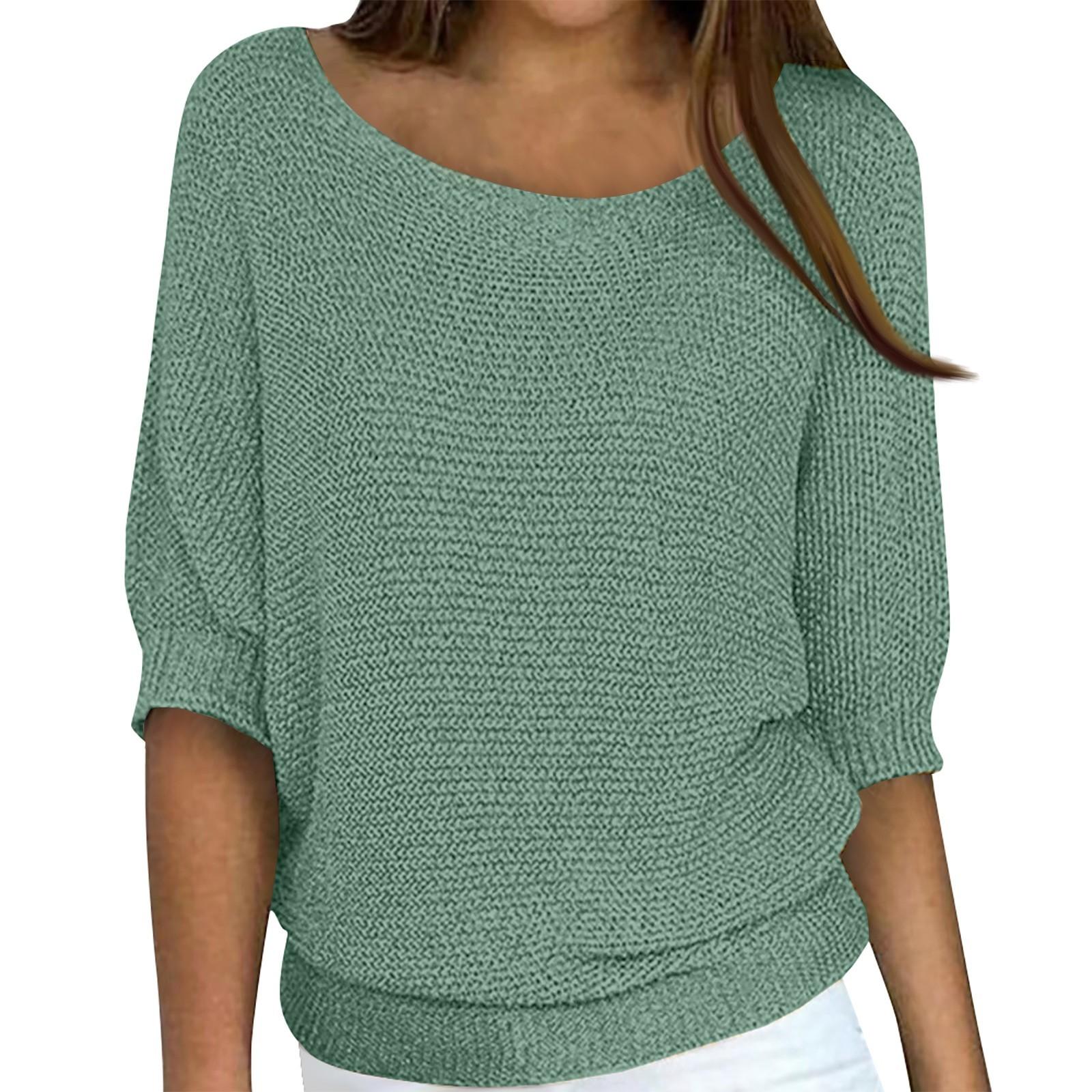 

Женская мода однотонный пуловер с круглым вырезом и рукавами 3/4, трикотажная рубашка, топ M