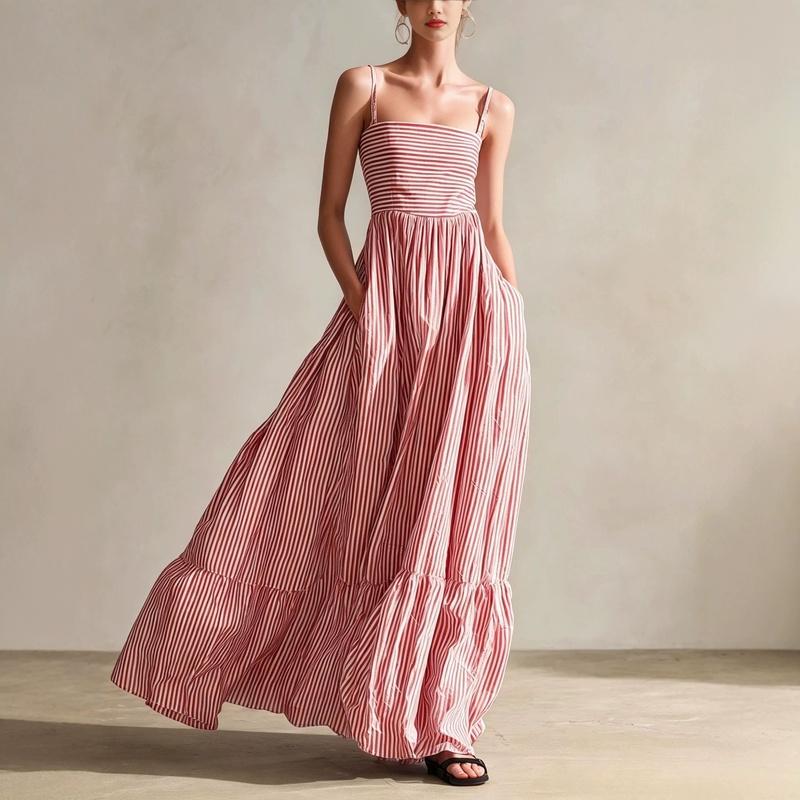 European Style Women Casual Striped Sleeveless Maxi Dress