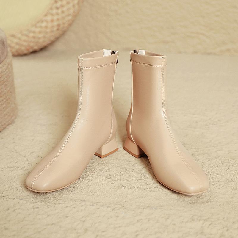 French Small Short Boots Women's Thick Heel 2025 New Autumn and Winter Women's Boots Medium Tube Low Heel Square Head Thin Boots Women's Leather Boots