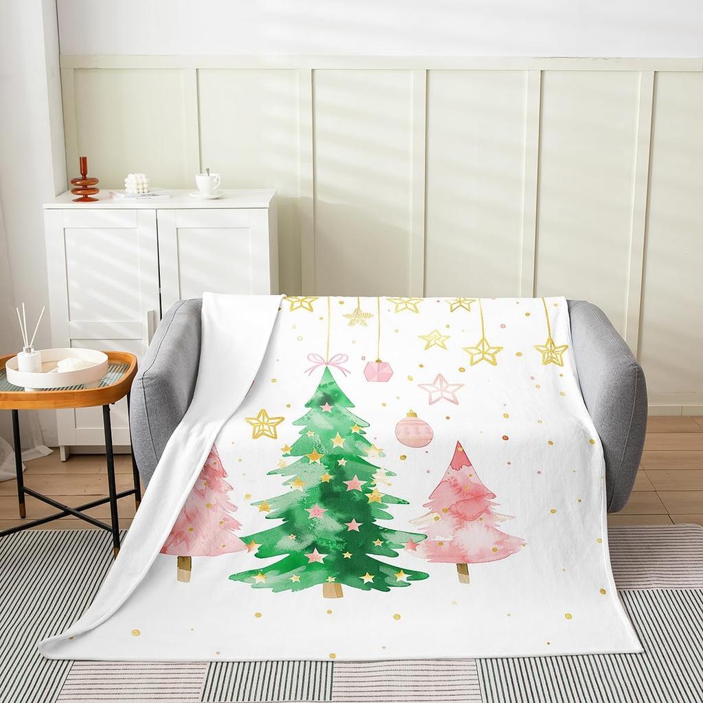 Gingerbread Xmas Flannel Blanket Blue Christmas Tree Candy Throw Blanket Western New Year Theme Cozy Throws for Bed Couch Sofa