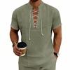 Mens Short Sleeve Lace Up Casual Shirt Lightweight Breathable Fabric V Neck Summer Top Loose Fit Plain Design