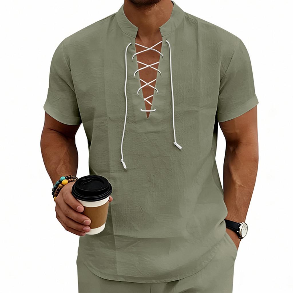 Mens Short Sleeve Lace Up Casual Shirt Lightweight Breathable Fabric V Neck Summer Top Loose Fit Plain Design