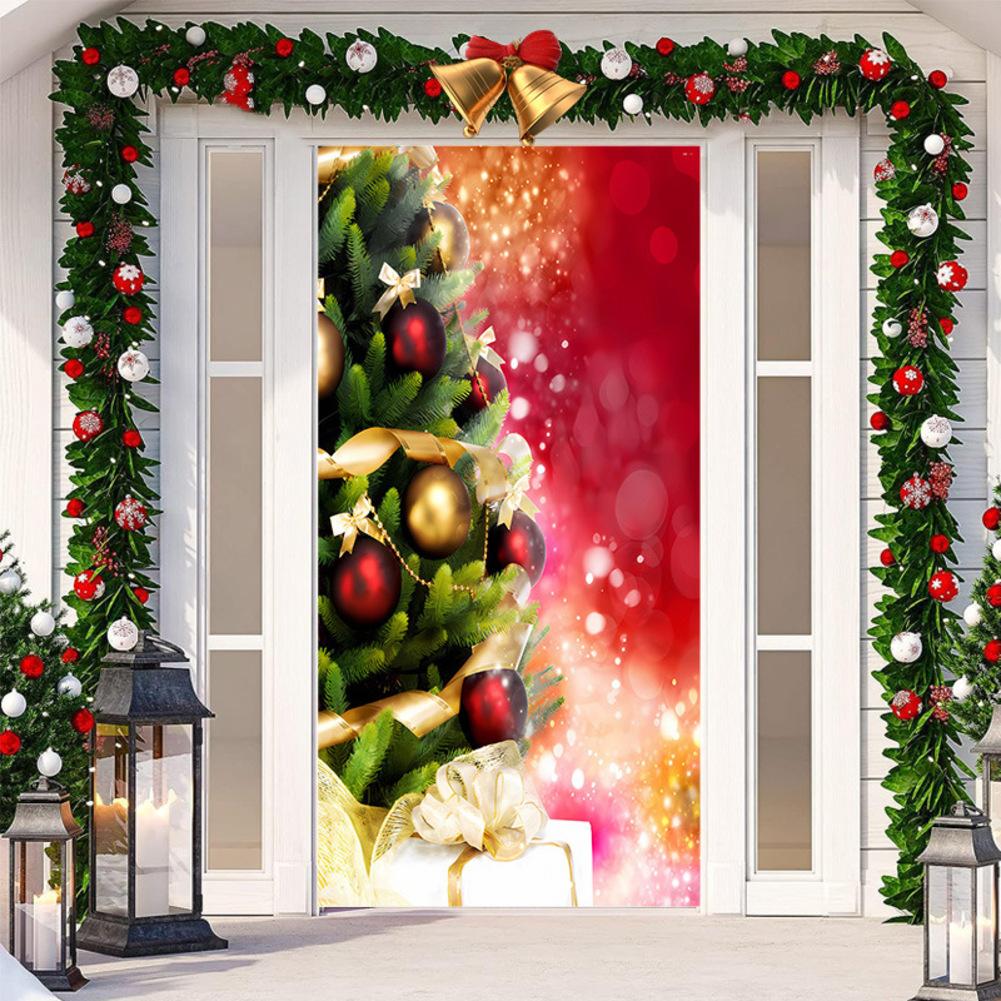 Colorful Christmas Door Casing Stretchy Fabric Curtain 200x90cm Festive Hanging Cloth Sticker For Holiday Season Home Decoration