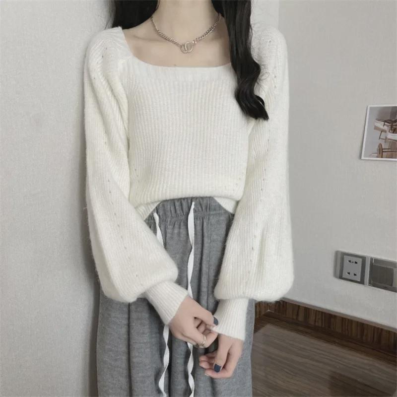 Women's Thickened Lantern Sleeve Sweater - Autumn/Winter Square Collar Trendy Design